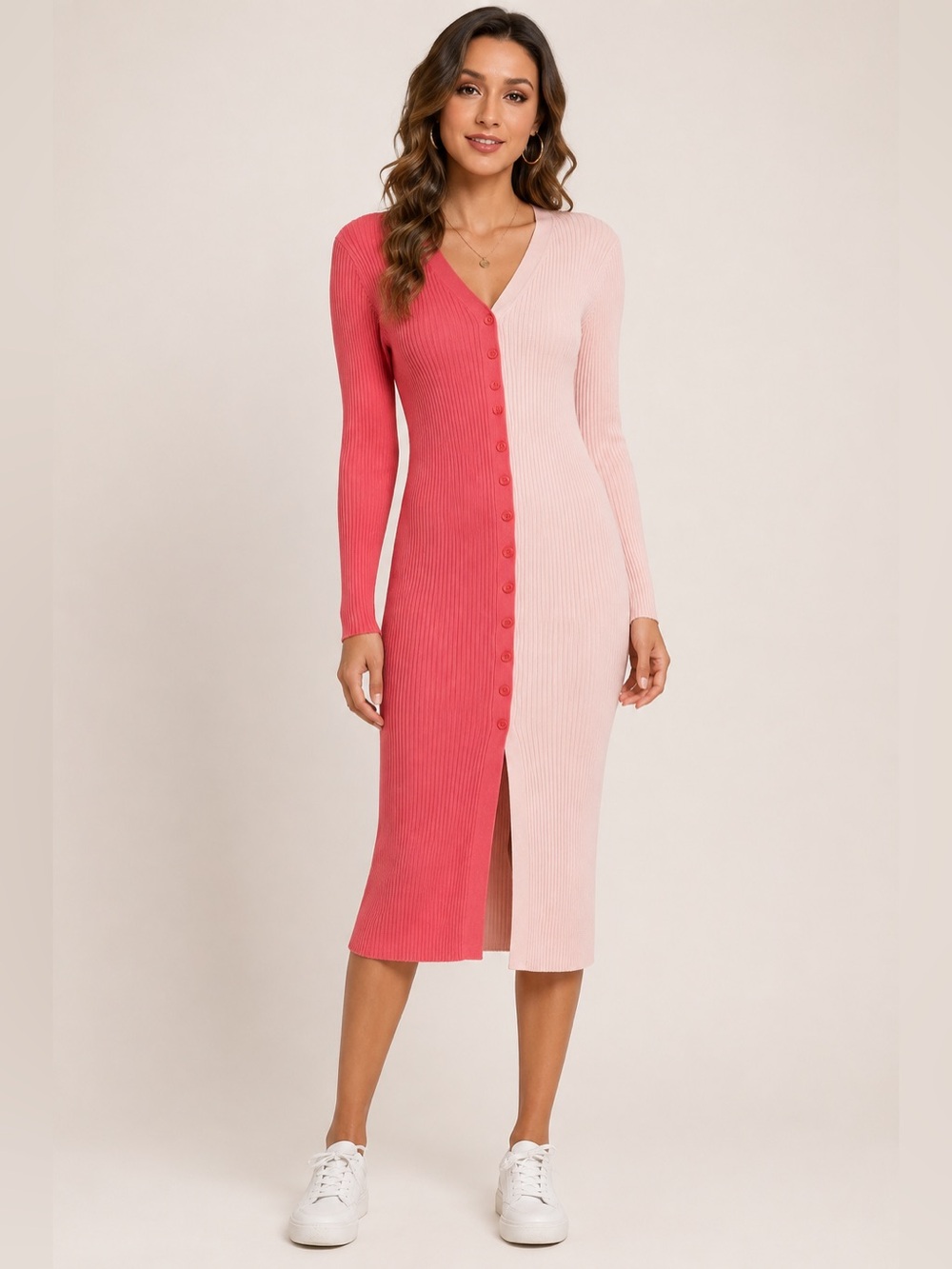 Colorblock Pink Ribbed Button Front Sweater Midi Cardigan Dress Size 8-10